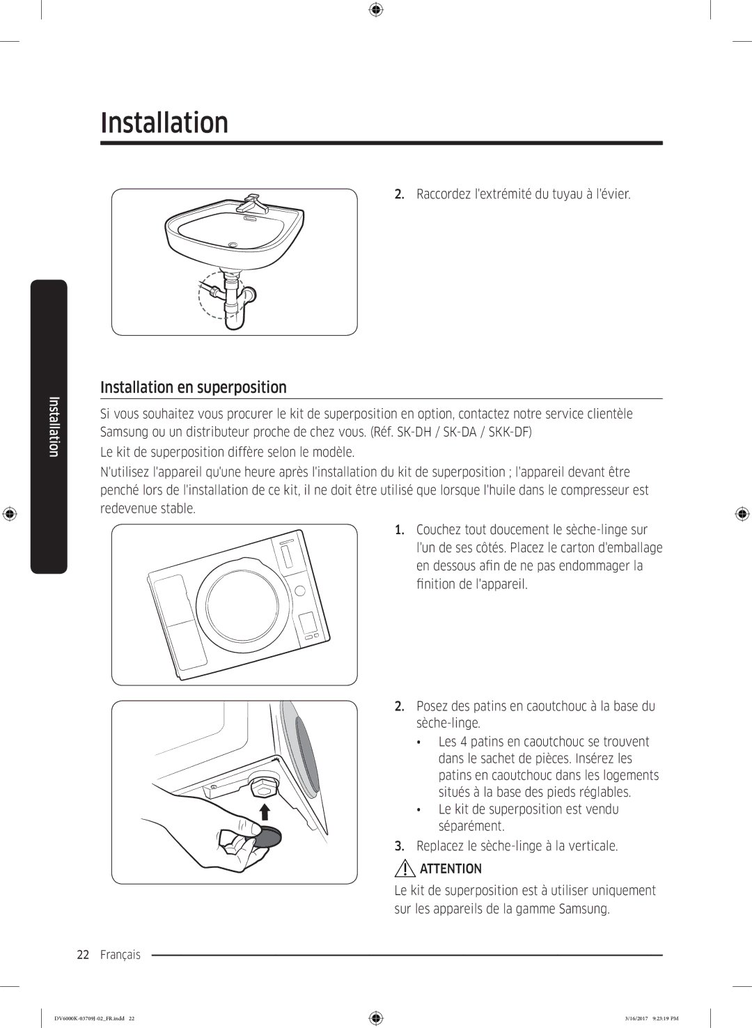 Samsung DV90K6000CW/EF, DV80K6010CW/EF manual Installation en superposition 