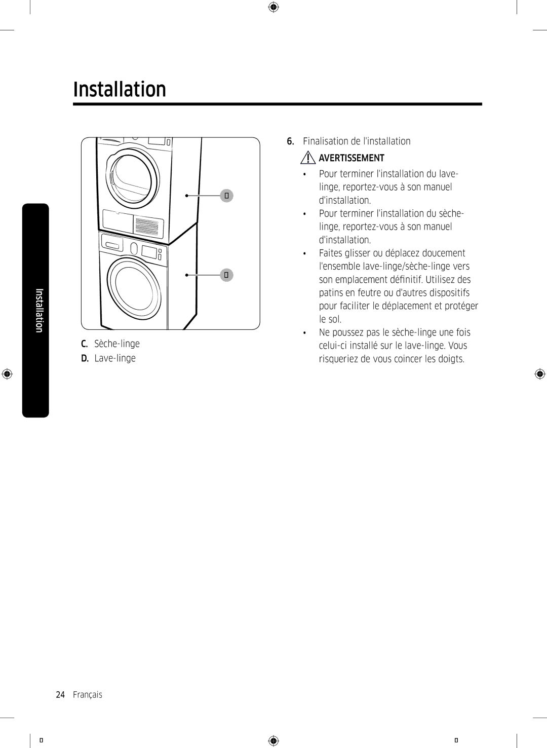 Samsung DV90K6000CW/EF, DV80K6010CW/EF manual Sèche-linge Lave-linge Finalisation de linstallation 