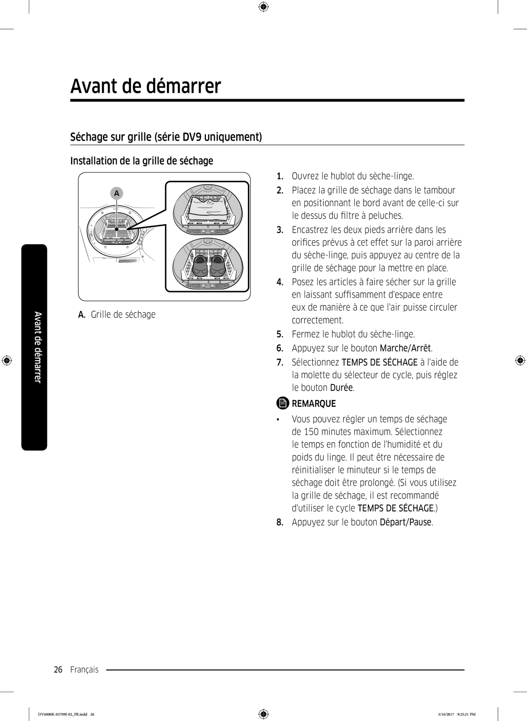 Samsung DV90K6000CW/EF, DV80K6010CW/EF manual Séchage sur grille série DV9 uniquement, Installation de la grille de séchage 