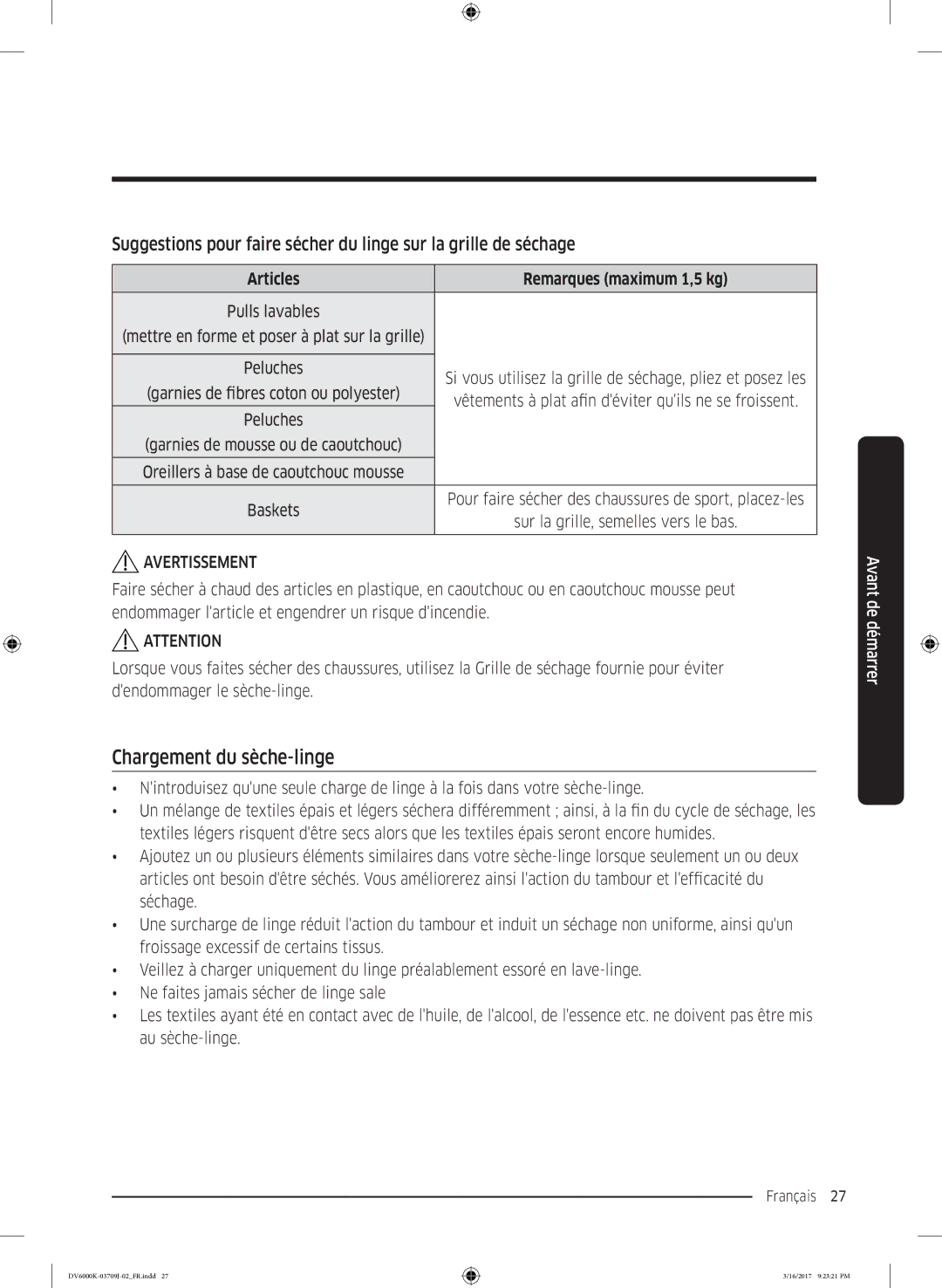 Samsung DV80K6010CW/EF, DV90K6000CW/EF manual Chargement du sèche-linge, Articles Remarques maximum 1,5 kg 