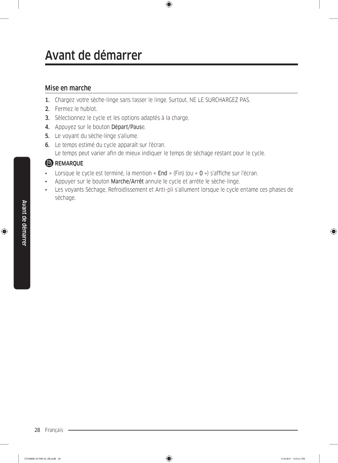 Samsung DV90K6000CW/EF, DV80K6010CW/EF manual Mise en marche 