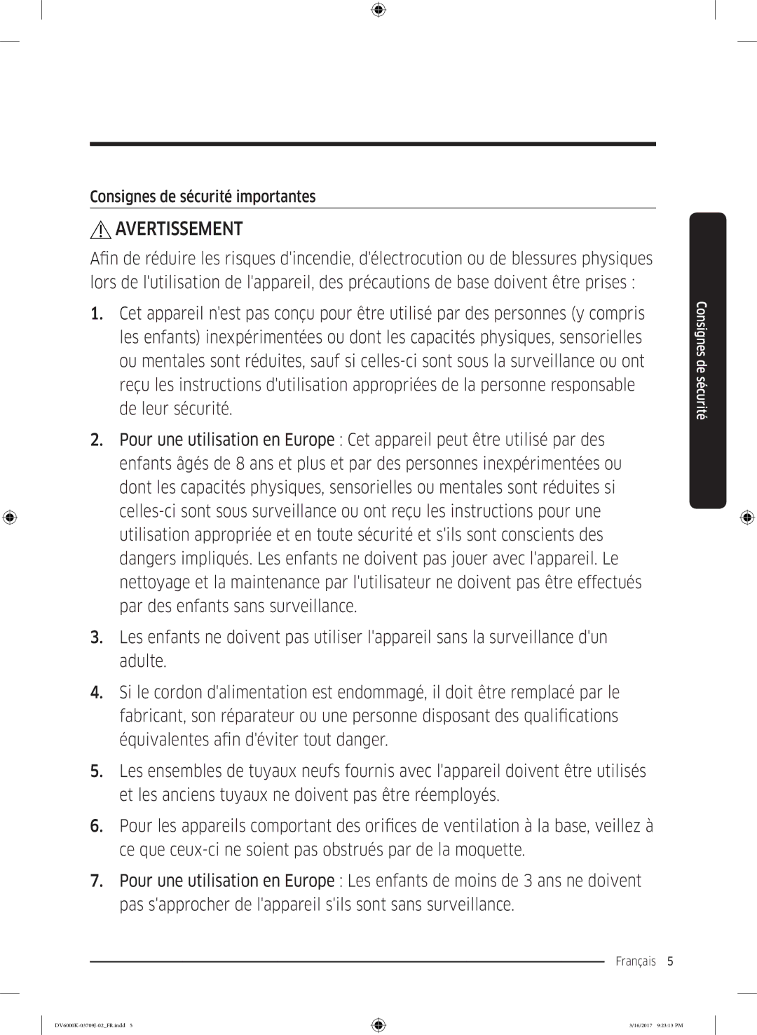 Samsung DV80K6010CW/EF, DV90K6000CW/EF manual Avertissement, Consignes de sécurité importantes 