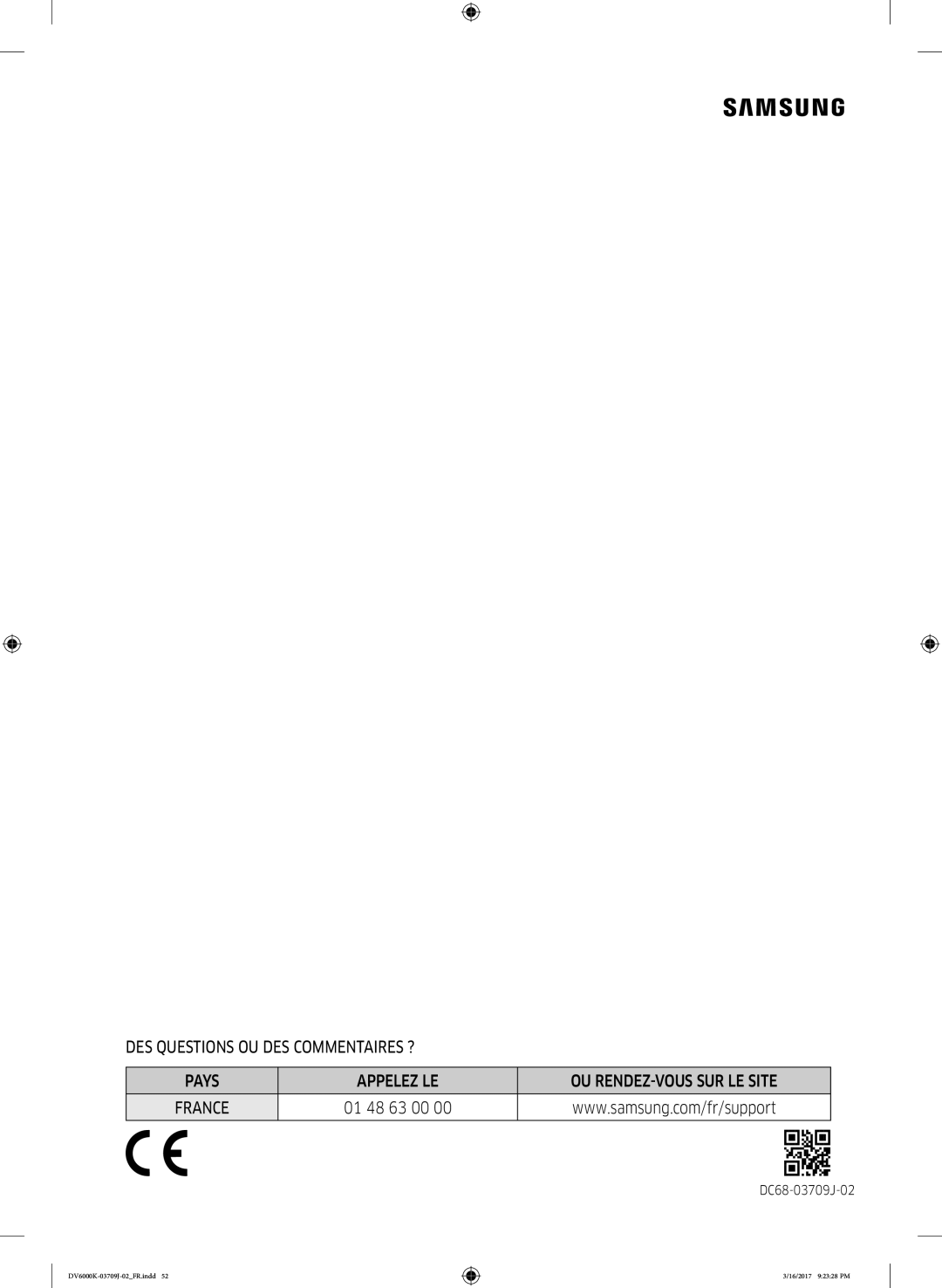 Samsung DV90K6000CW/EF, DV80K6010CW/EF manual 01 48 63 00 