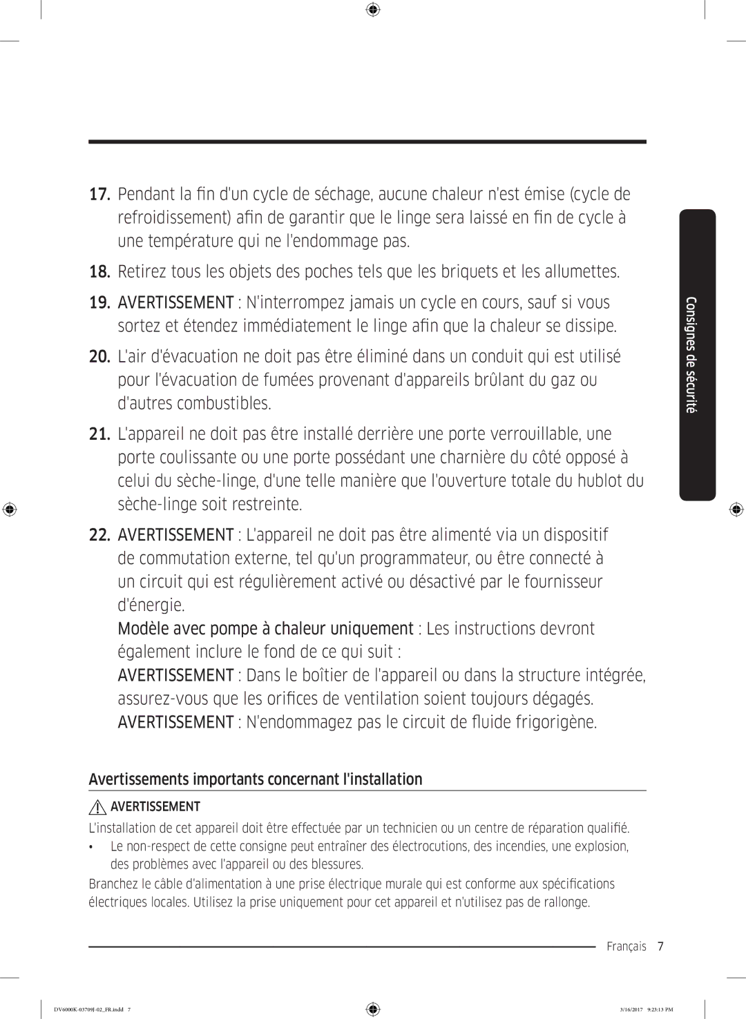 Samsung DV80K6010CW/EF, DV90K6000CW/EF manual Avertissements importants concernant linstallation 