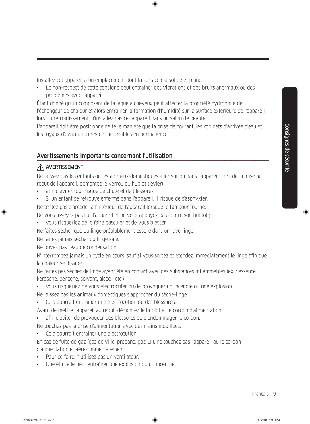 Samsung DV80K6010CW/EF, DV90K6000CW/EF manual Avertissements importants concernant lutilisation 