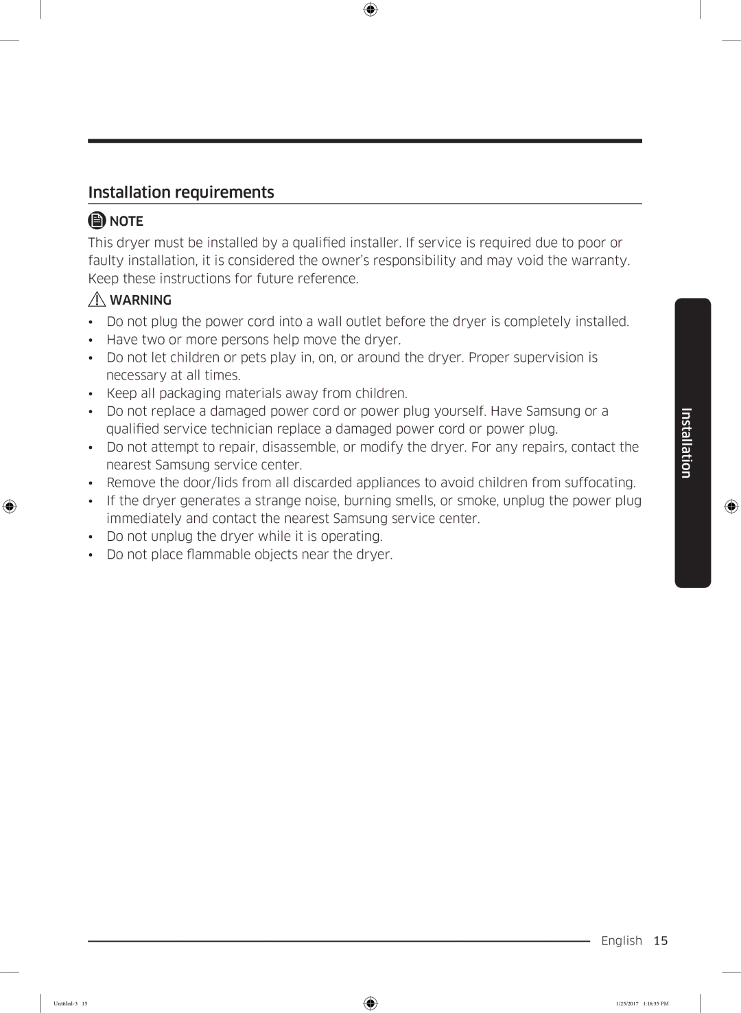 Samsung DV90M6200CW/ET manual Installation requirements 