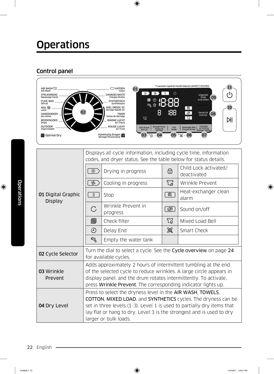 Samsung DV90M6200CW/ET manual Operations, Control panel 