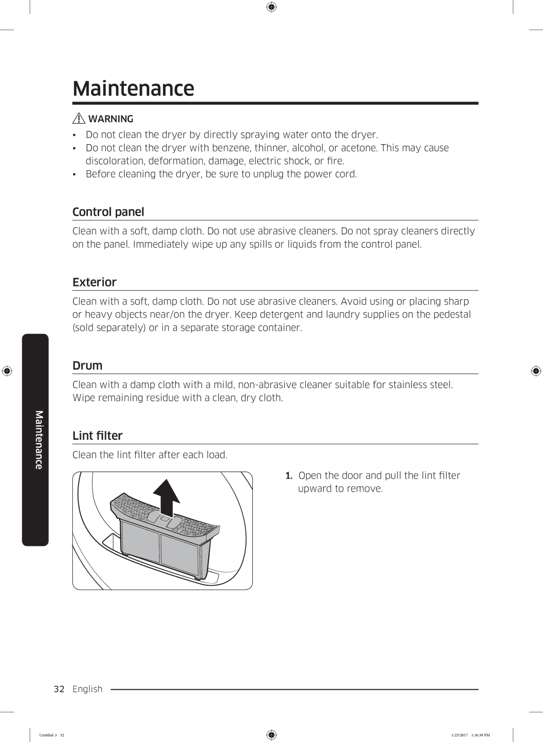 Samsung DV90M6200CW/ET manual Maintenance, Exterior, Drum, Lint filter 