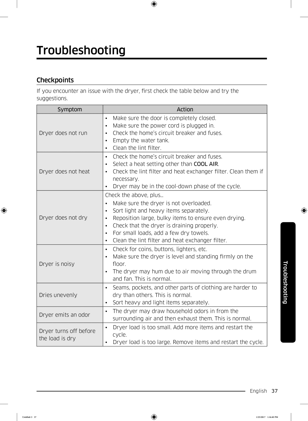 Samsung DV90M6200CW/ET manual Troubleshooting, Checkpoints 