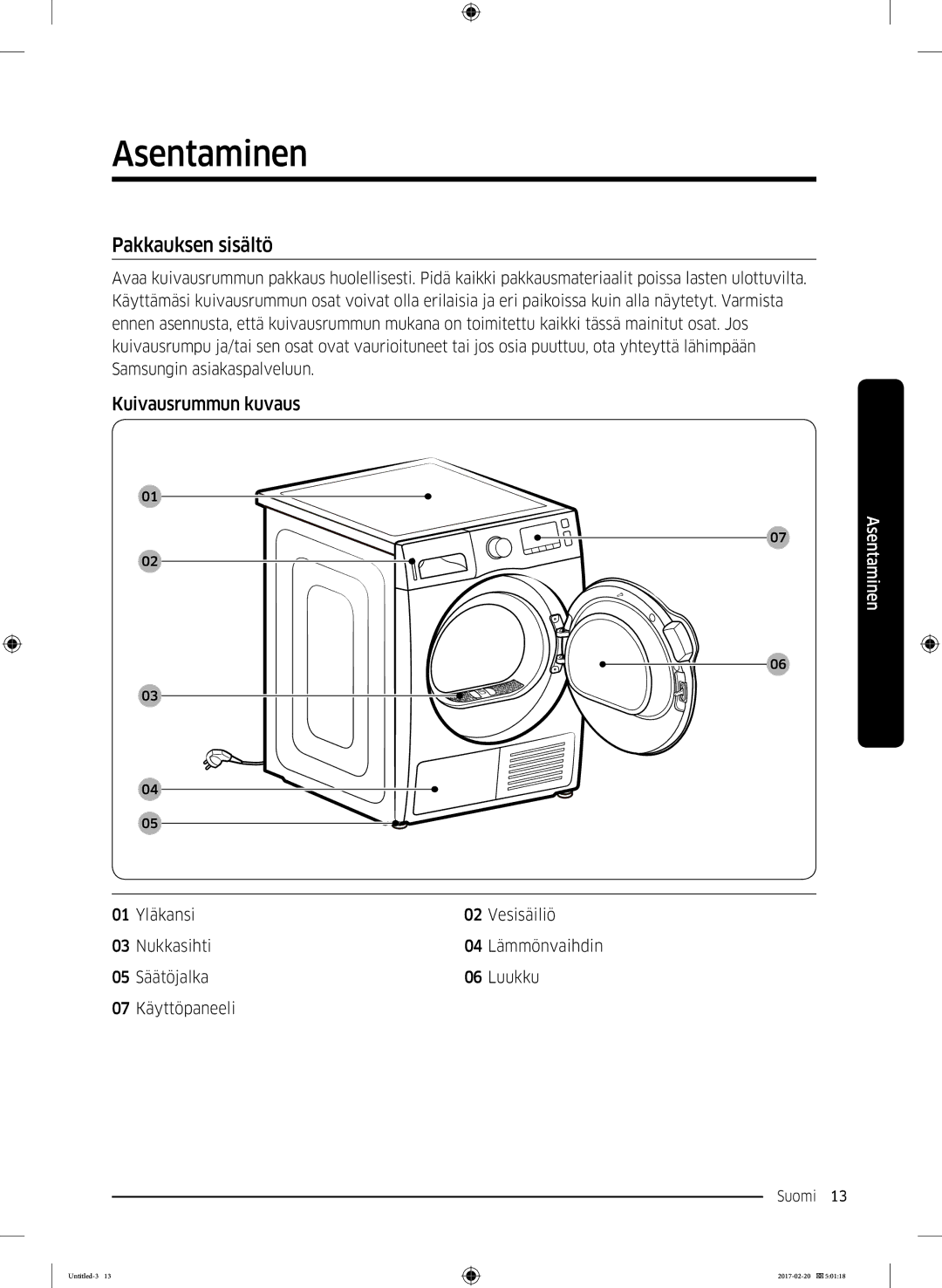 Samsung DV90M6200EW/EE manual Asentaminen, Pakkauksen sisältö, Kuivausrummun kuvaus 