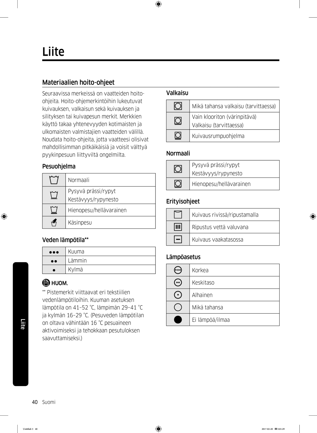 Samsung DV90M6200EW/EE manual Liite, Materiaalien hoito-ohjeet 