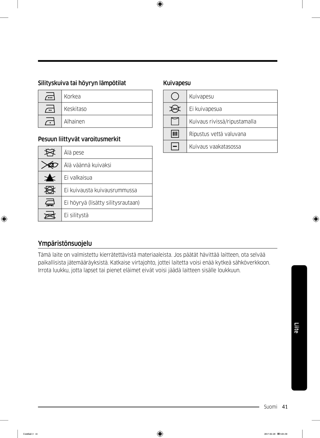 Samsung DV90M6200EW/EE Ympäristönsuojelu, Silityskuiva tai höyryn lämpötilat, Pesuun liittyvät varoitusmerkit, Kuivapesu 