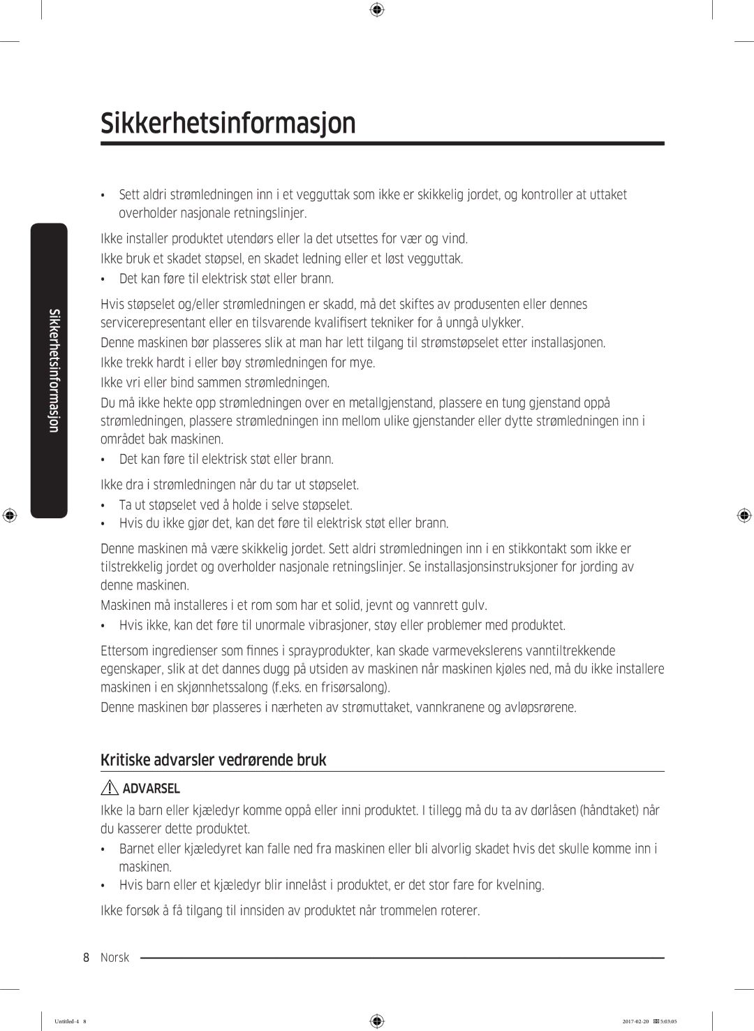 Samsung DV90M6200EW/EE manual Kritiske advarsler vedrørende bruk 