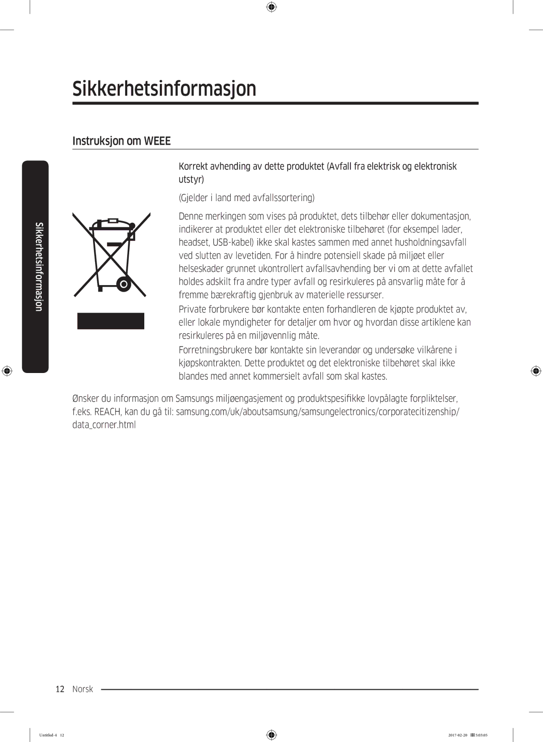 Samsung DV90M6200EW/EE manual Instruksjon om Weee 