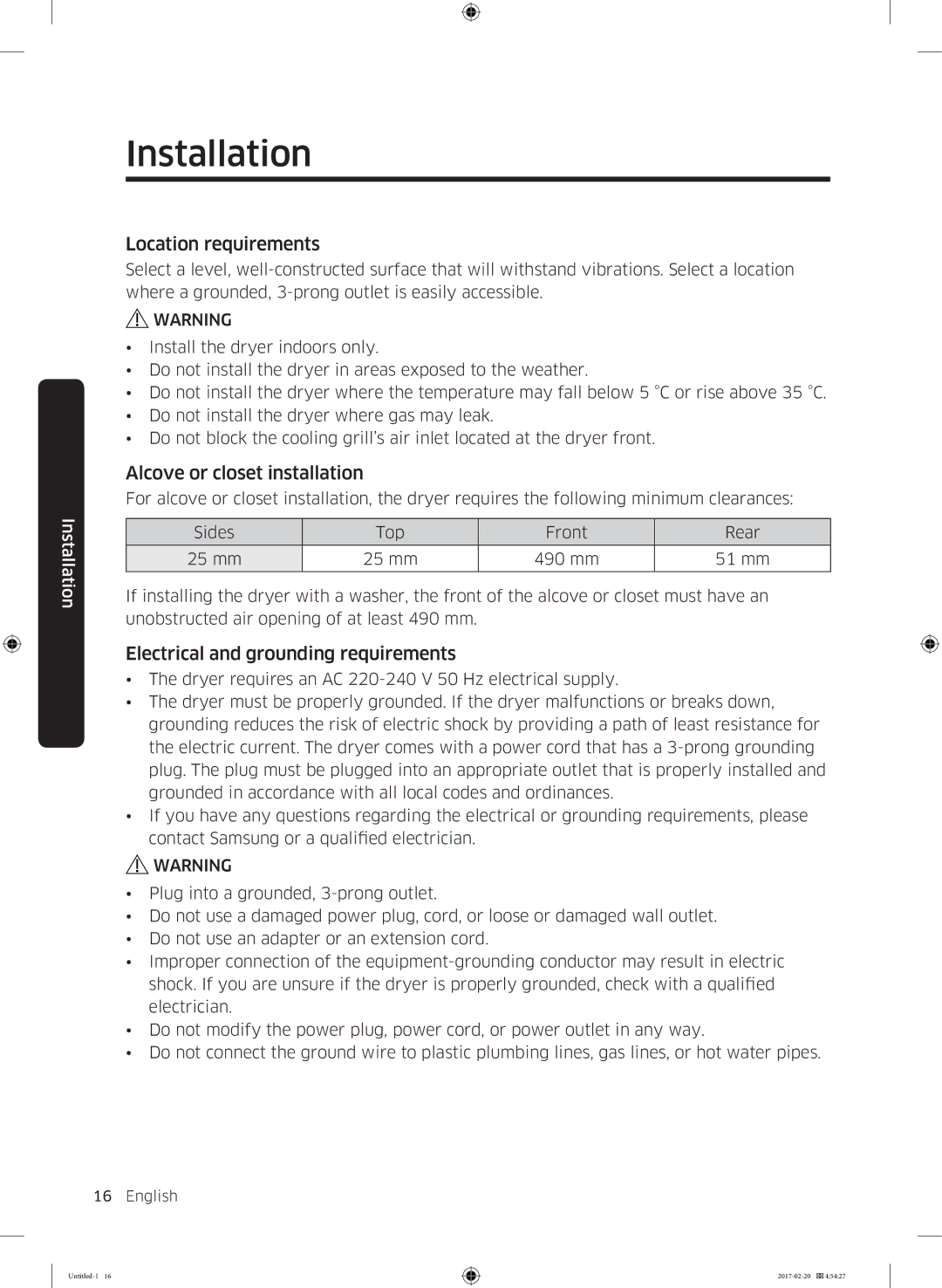 Samsung DV90M6200EW/EE manual Location requirements, Alcove or closet installation, Electrical and grounding requirements 