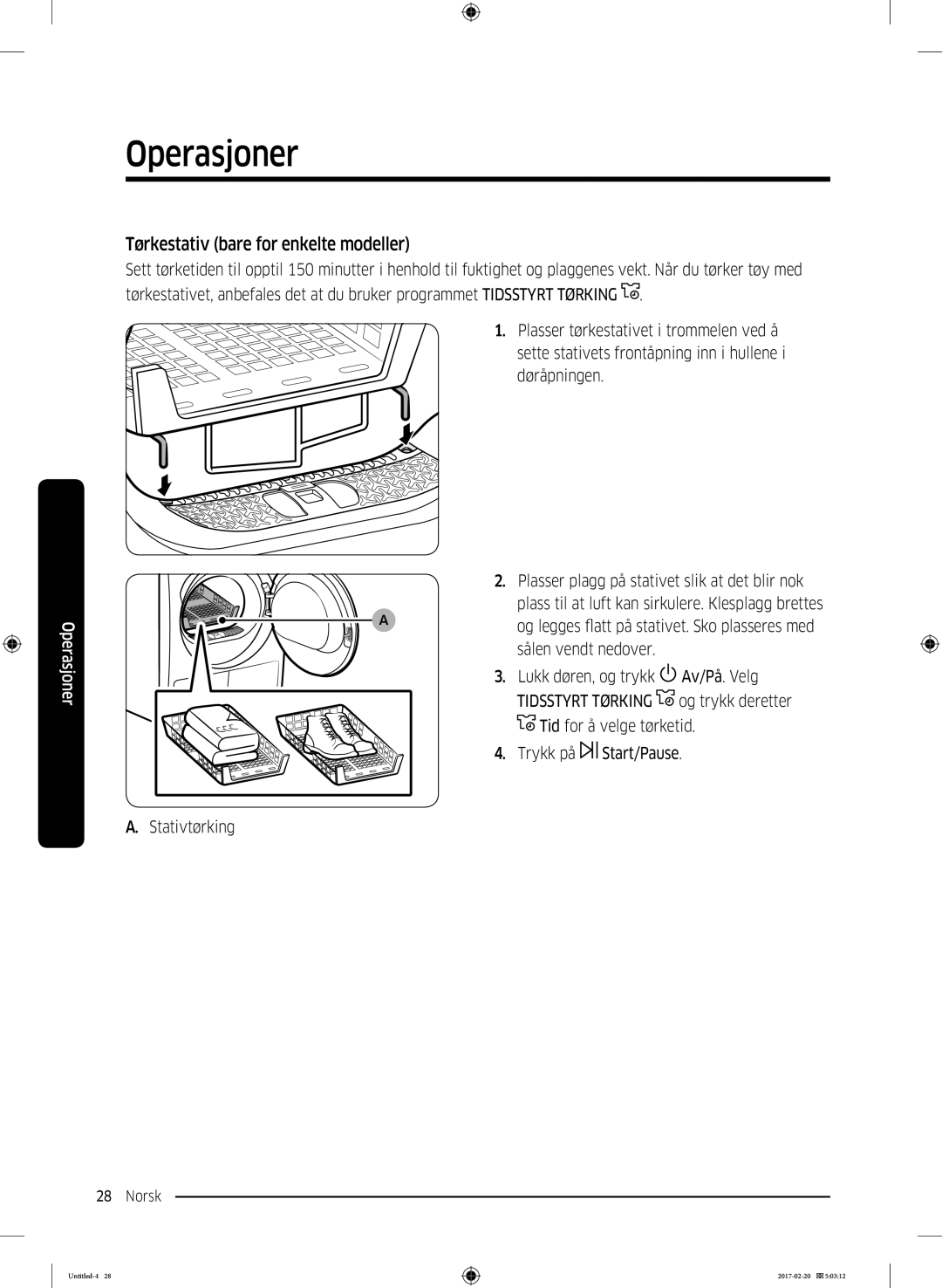 Samsung DV90M6200EW/EE manual Tørkestativ bare for enkelte modeller, Tidsstyrt Tørking 