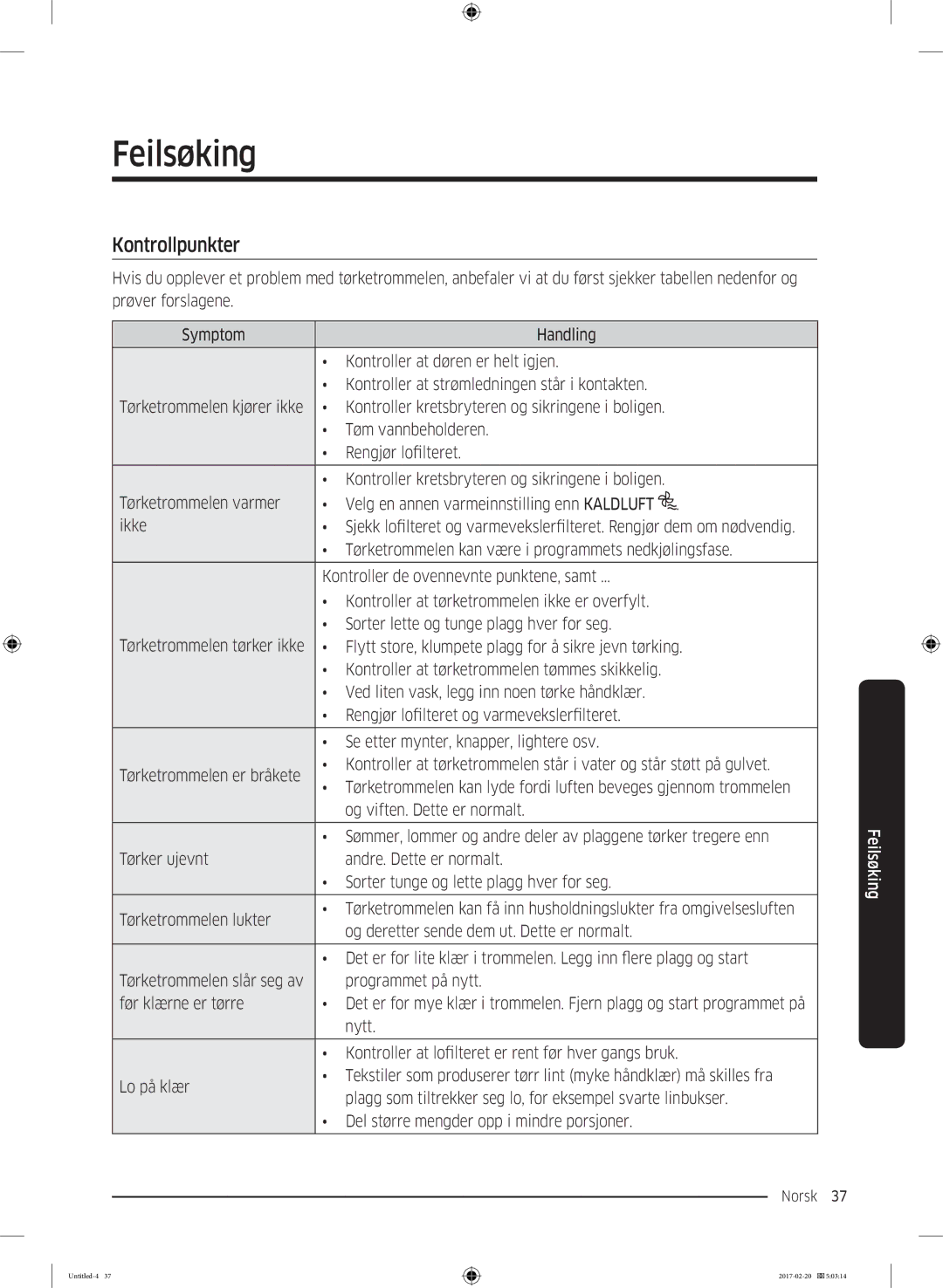 Samsung DV90M6200EW/EE manual Feilsøking, Kontrollpunkter 