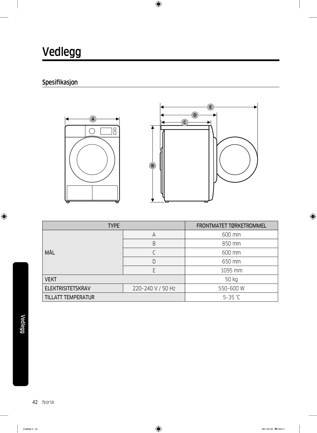 Samsung DV90M6200EW/EE manual Spesifikasjon 