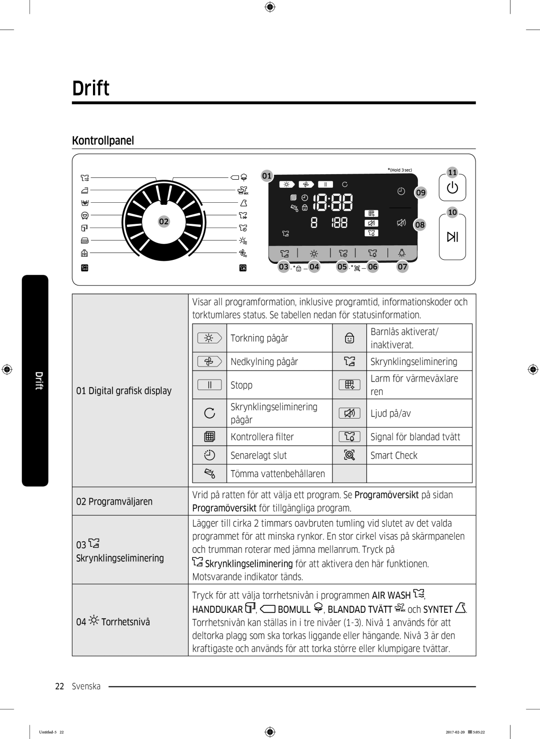 Samsung DV90M6200EW/EE manual Drift, Handdukar Bomull Blandad Tvätt 