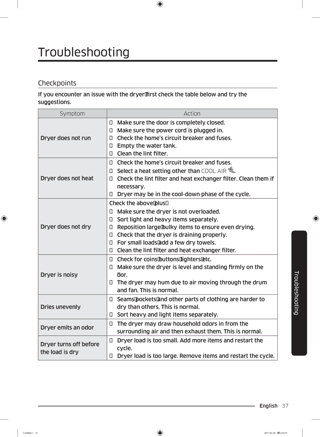 Samsung DV90M6200EW/EE manual Troubleshooting, Checkpoints 