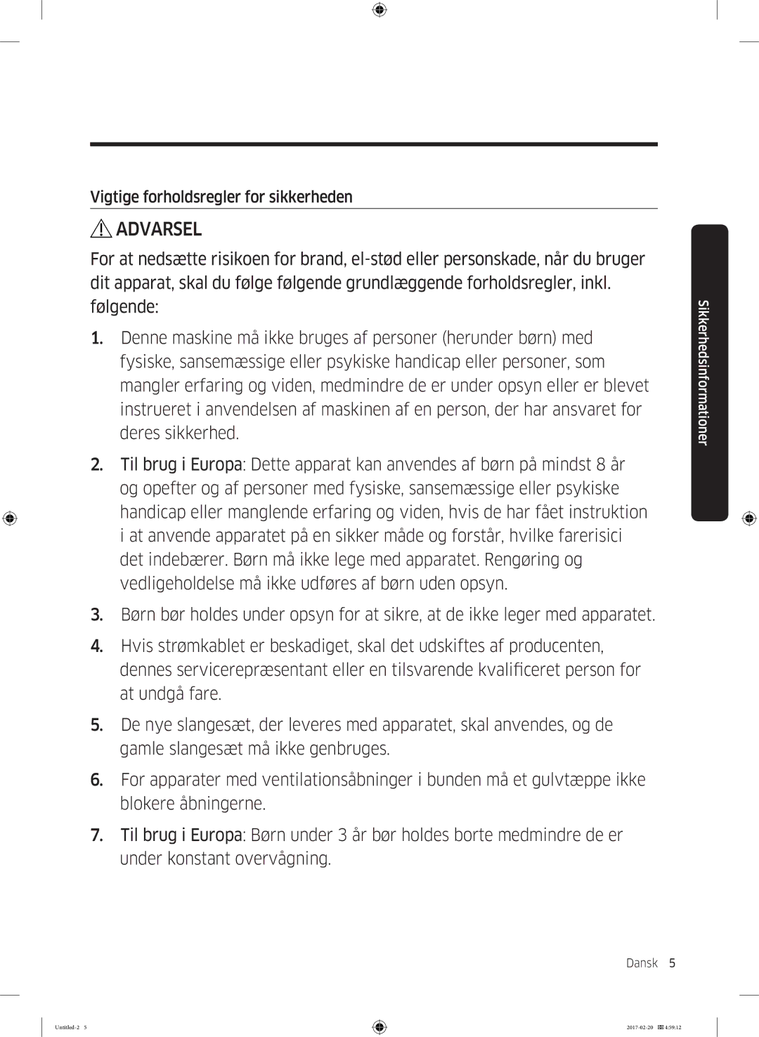 Samsung DV90M6200EW/EE manual Vigtige forholdsregler for sikkerheden 