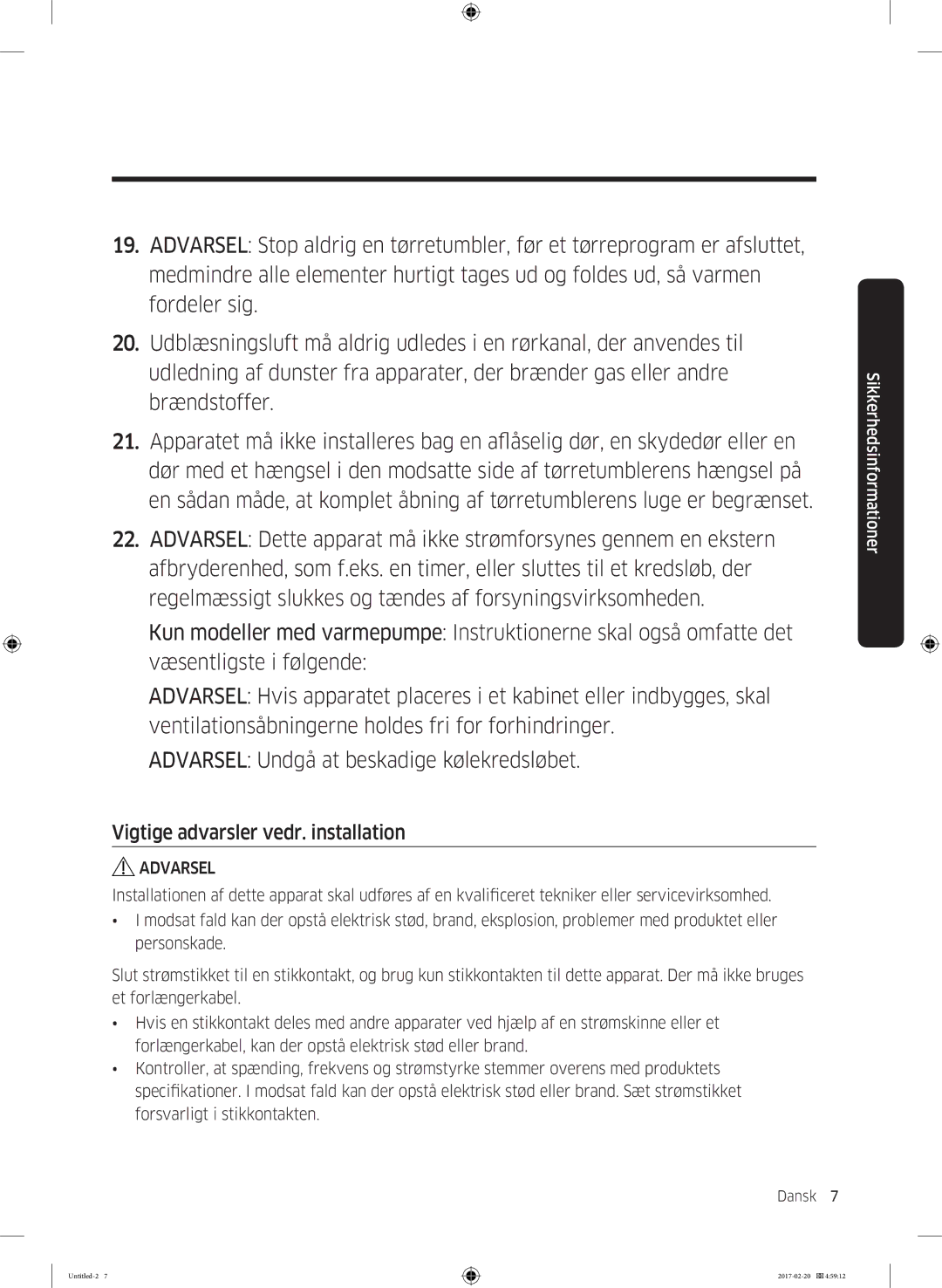 Samsung DV90M6200EW/EE manual Vigtige advarsler vedr. installation 