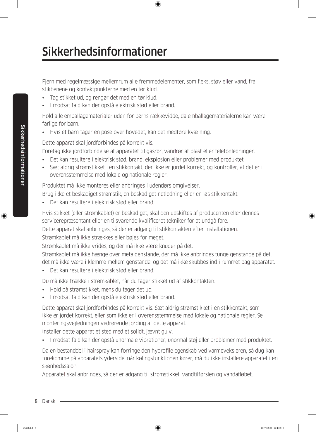 Samsung DV90M6200EW/EE manual Sikkerhedsinformationer 