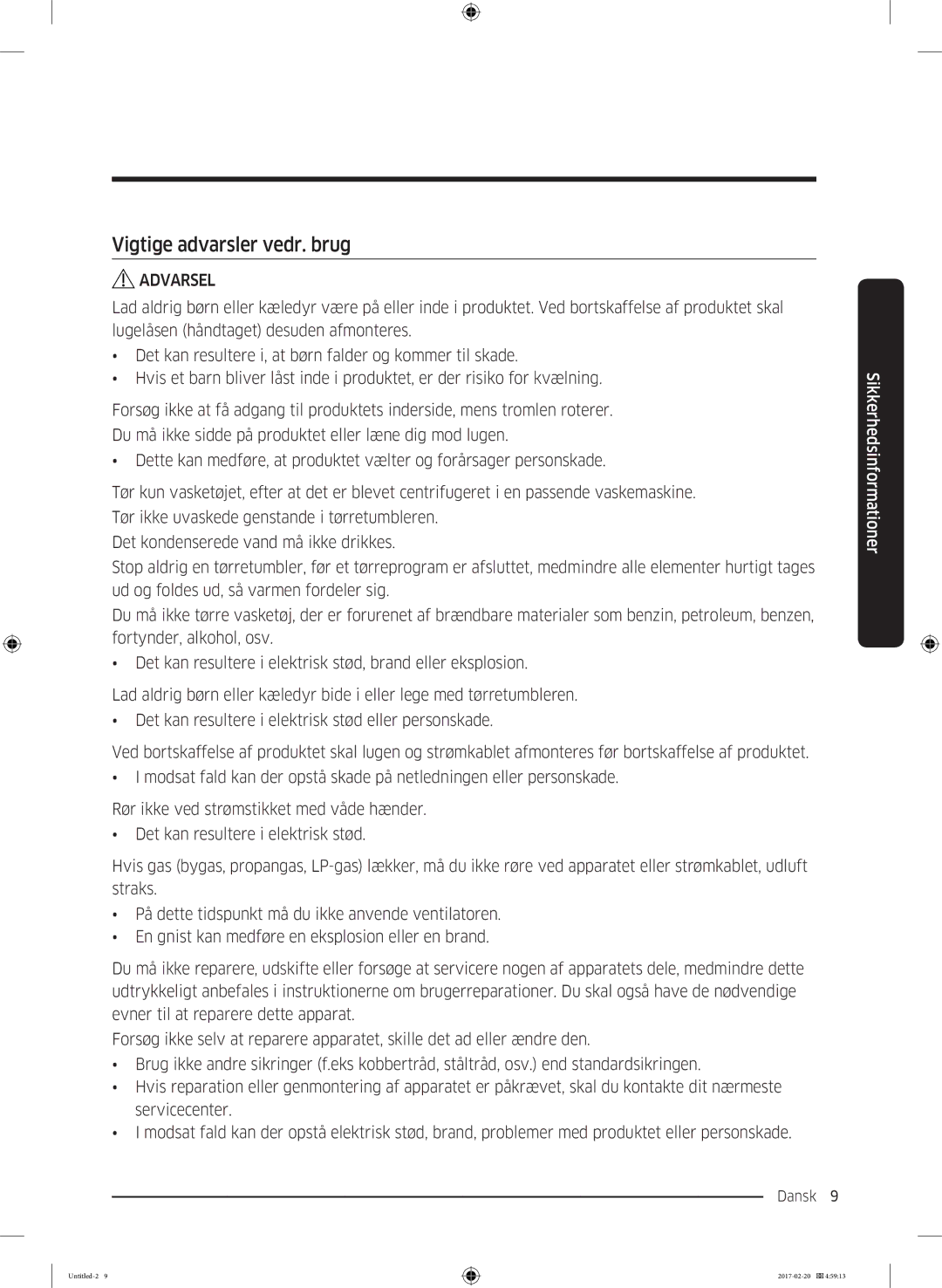 Samsung DV90M6200EW/EE manual Vigtige advarsler vedr. brug 