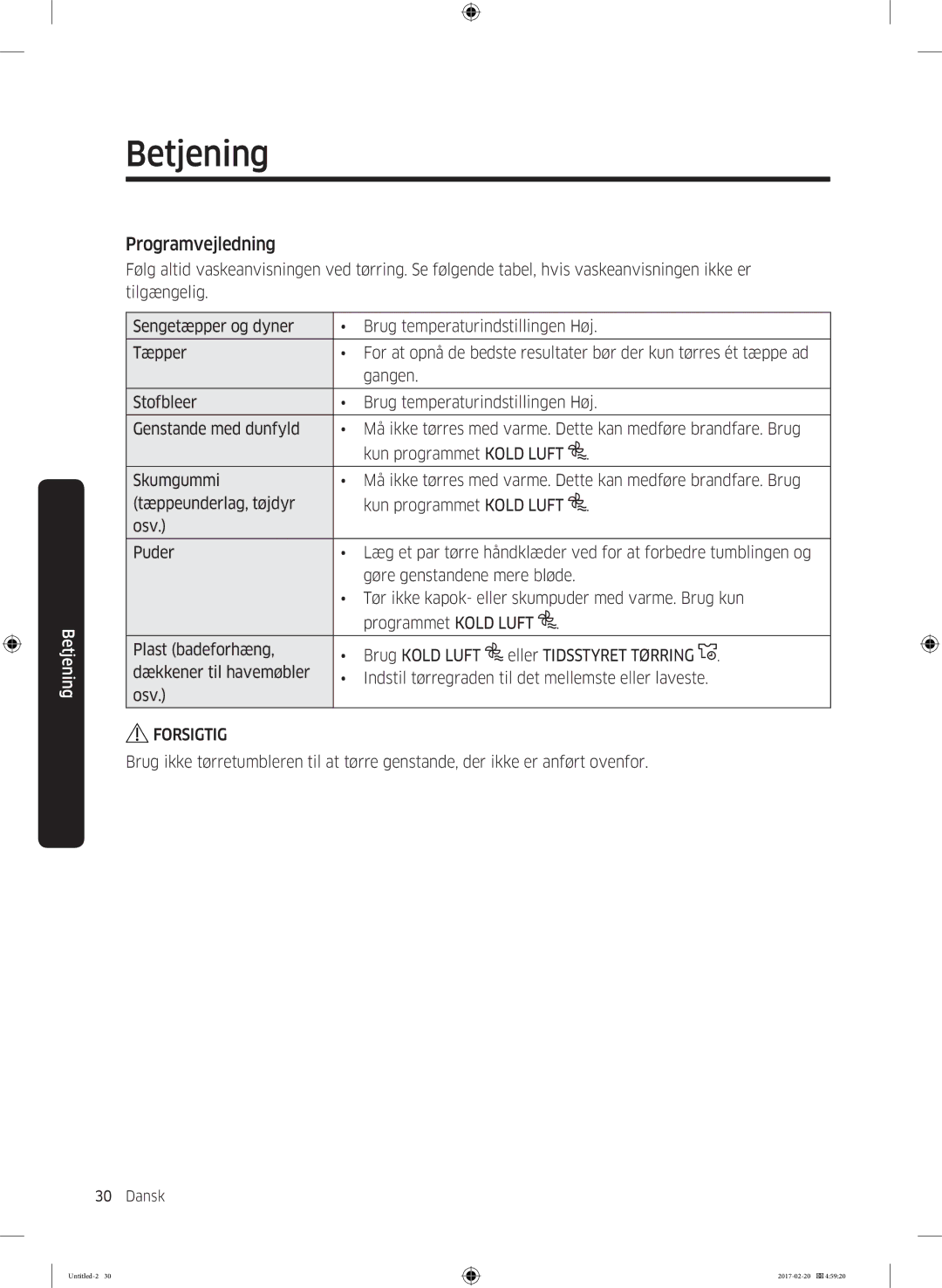 Samsung DV90M6200EW/EE manual Programvejledning 