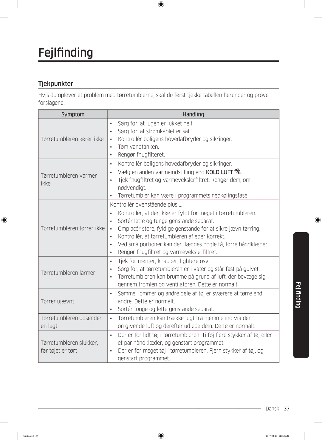 Samsung DV90M6200EW/EE manual Fejlfinding, Tjekpunkter 