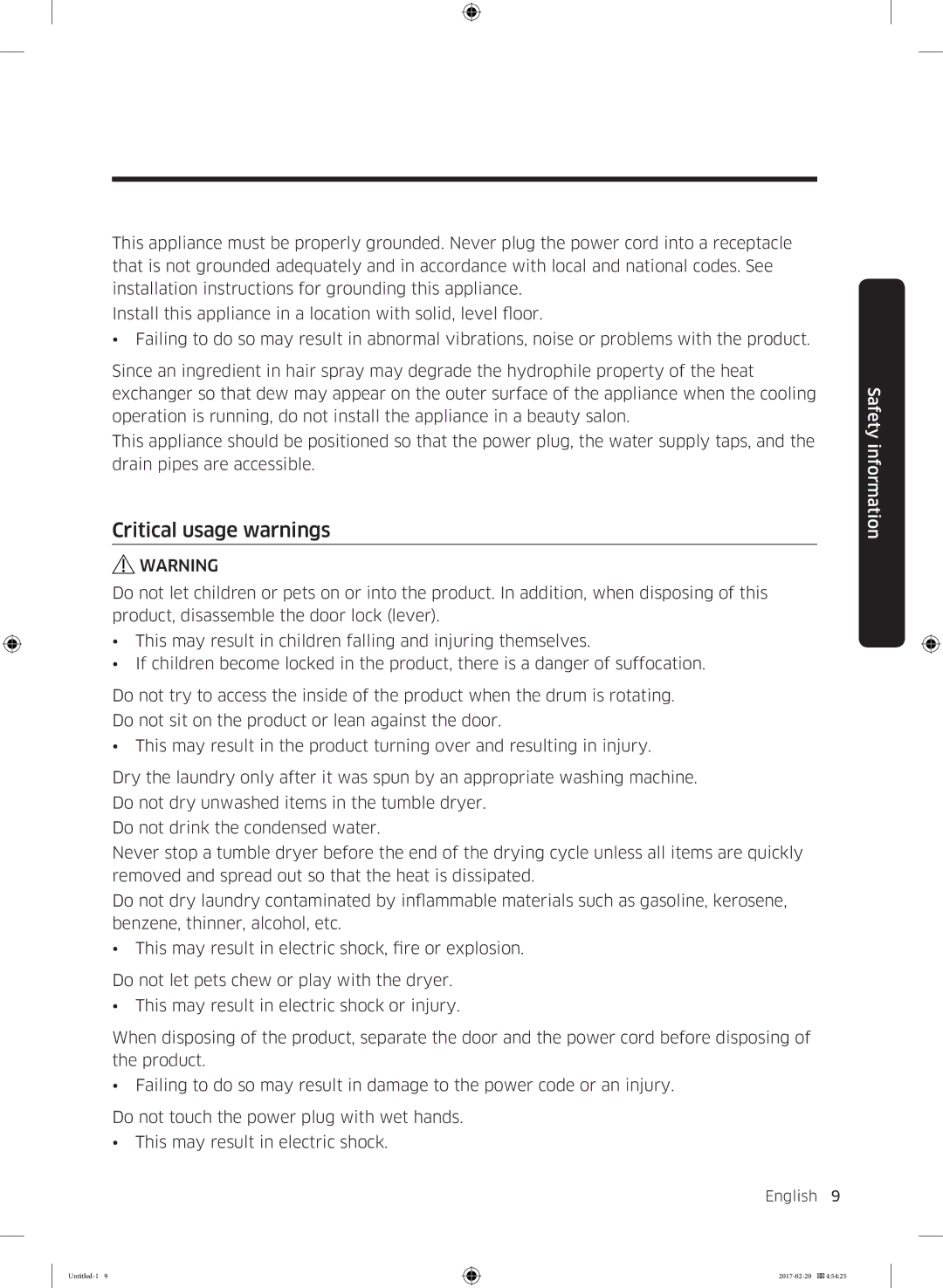 Samsung DV90M6200EW/EE manual Critical usage warnings 