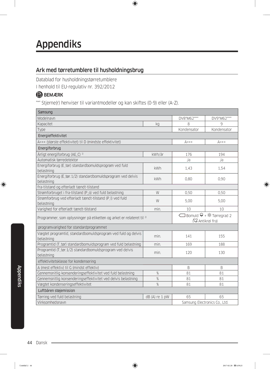 Samsung DV90M6200EW/EE manual Ark med tørretumblere til husholdningsbrug, Bemærk 