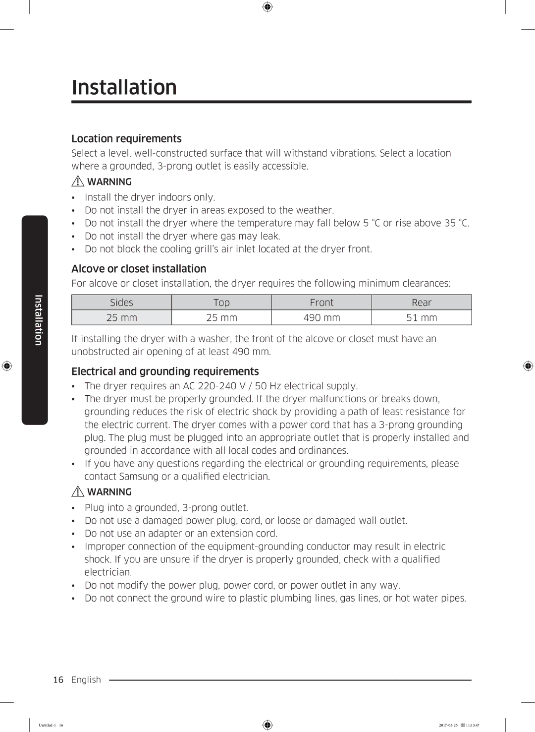 Samsung DV90M8204AW/EE manual Location requirements, Alcove or closet installation, Electrical and grounding requirements 