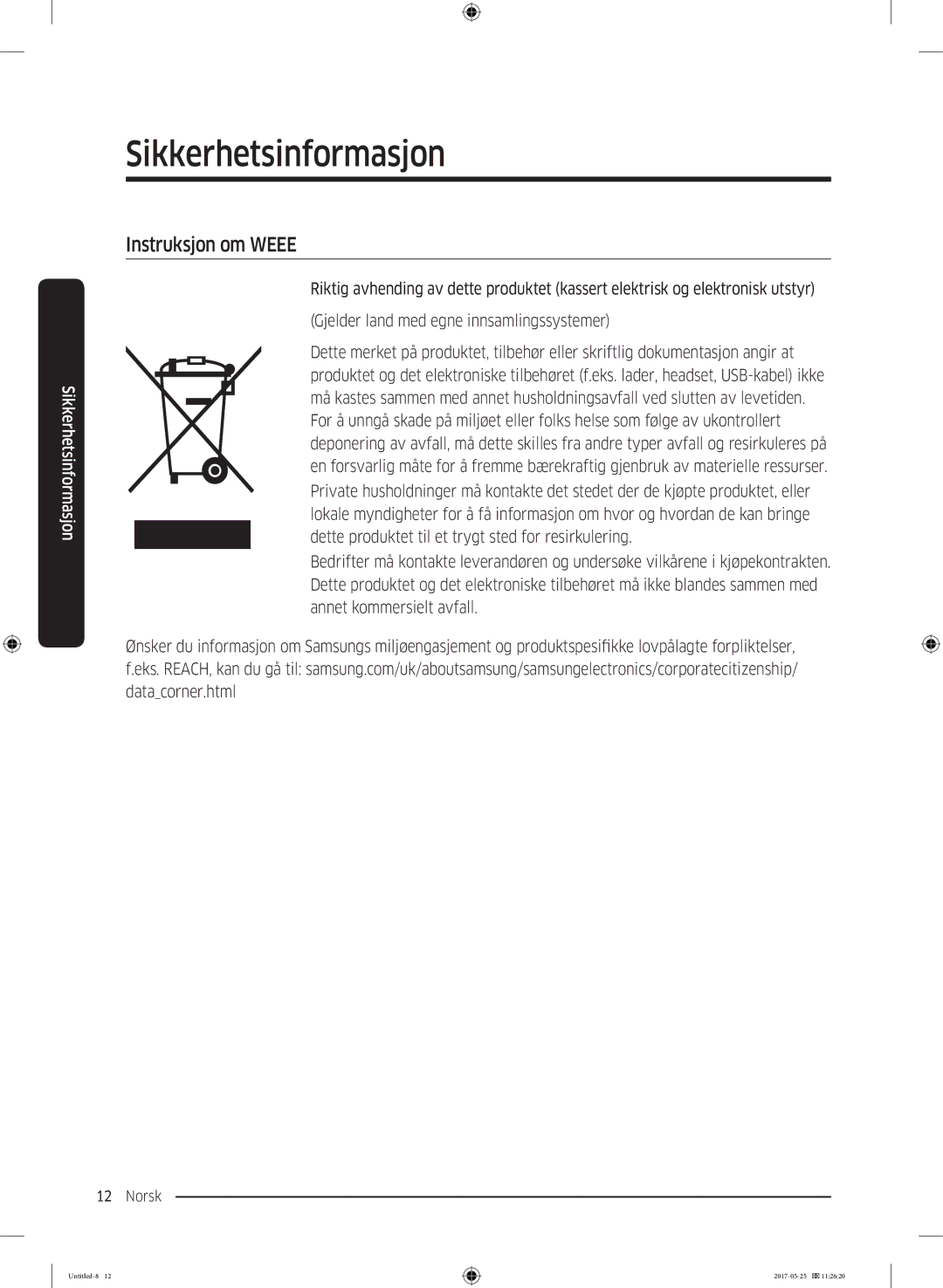 Samsung DV90M8204AW/EE manual Instruksjon om Weee 