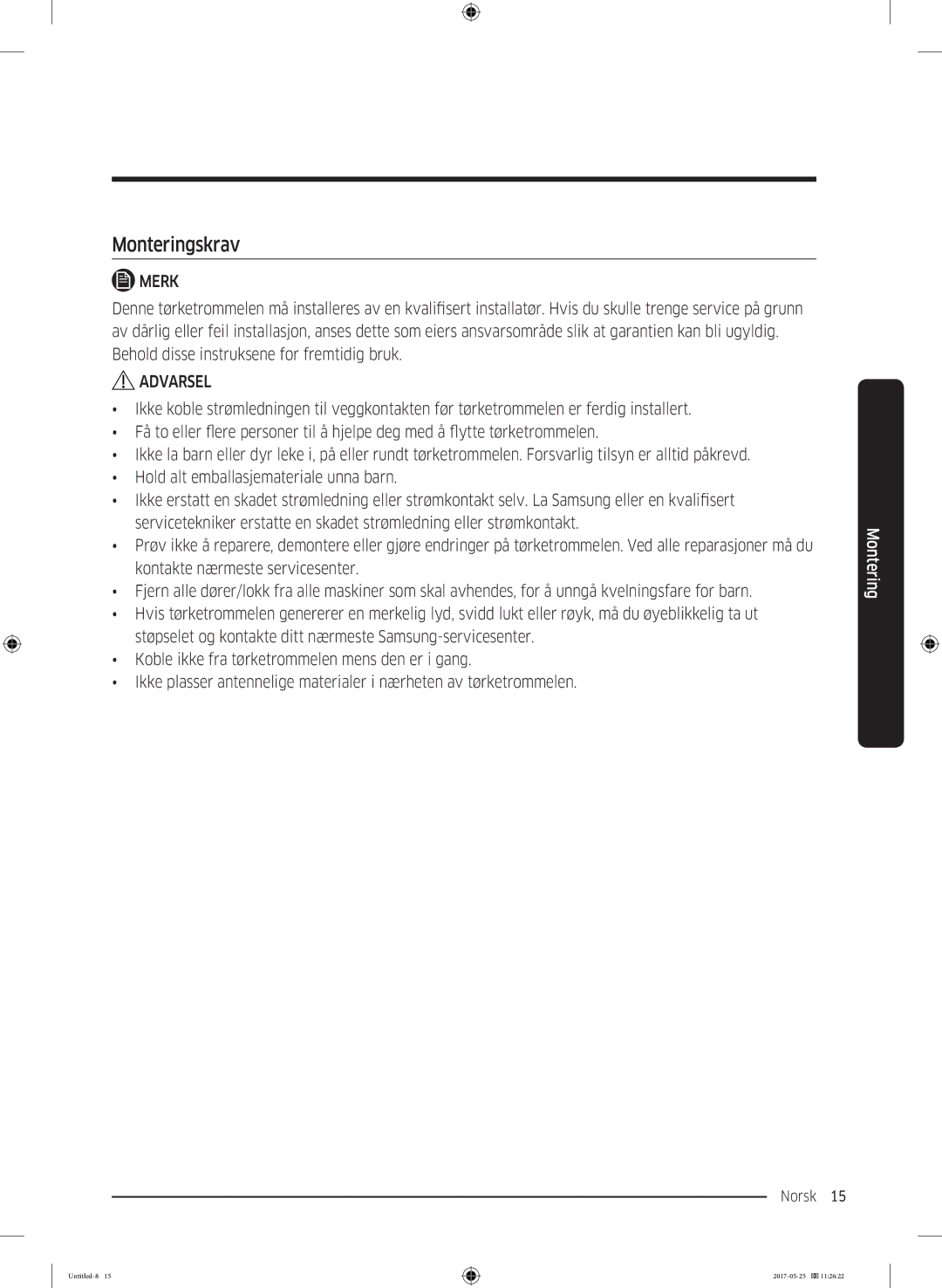 Samsung DV90M8204AW/EE manual Monteringskrav 