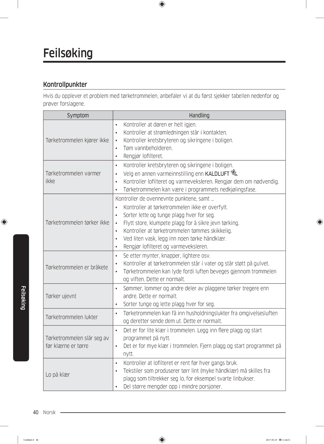 Samsung DV90M8204AW/EE manual Feilsøking, Kontrollpunkter 