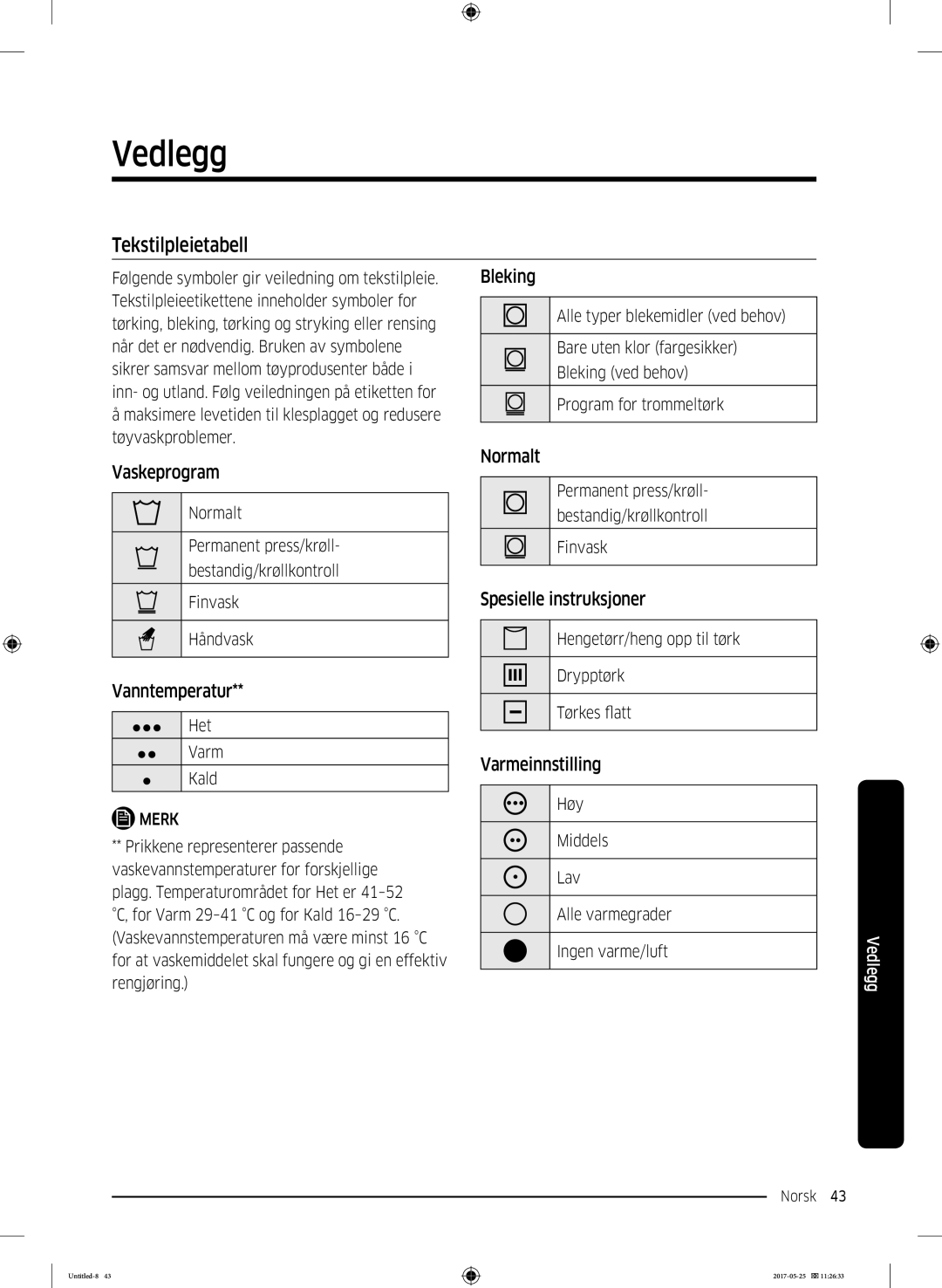 Samsung DV90M8204AW/EE manual Vedlegg, Tekstilpleietabell 