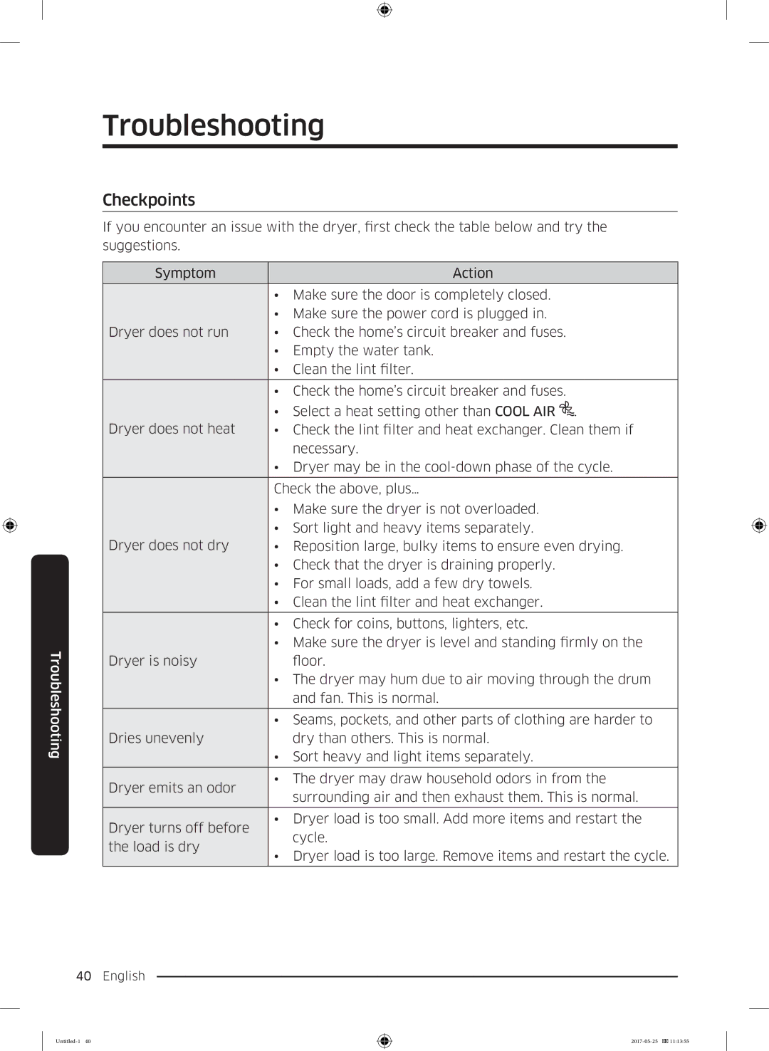 Samsung DV90M8204AW/EE manual Troubleshooting, Checkpoints 