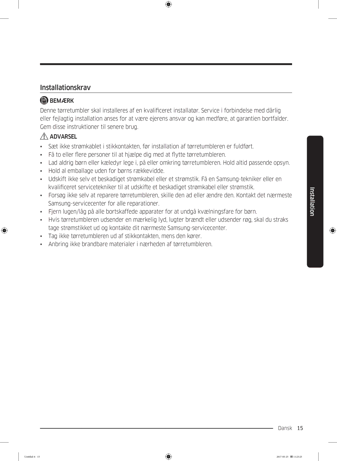 Samsung DV90M8204AW/EE manual Installationskrav 