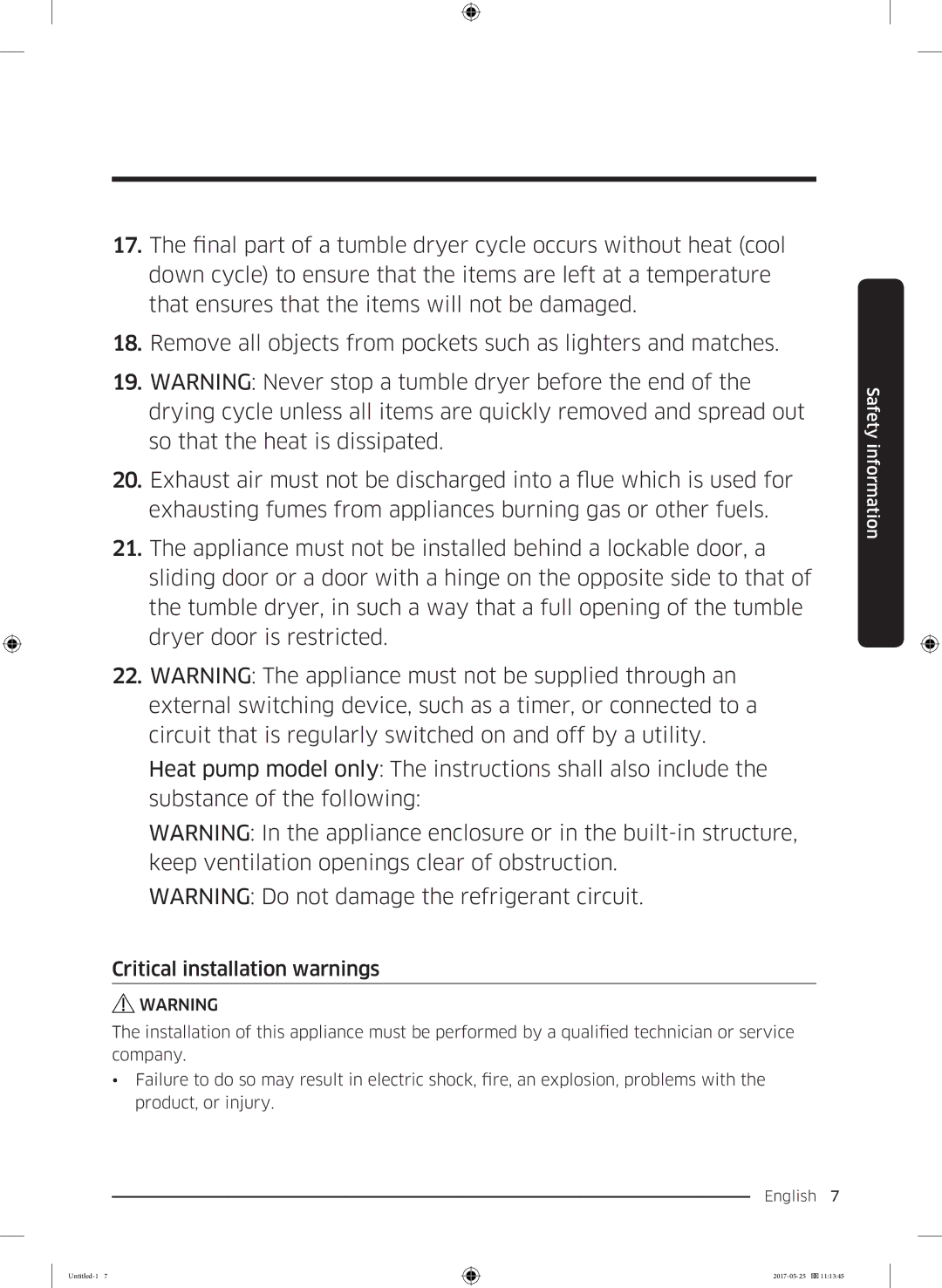 Samsung DV90M8204AW/EE manual Critical installation warnings 