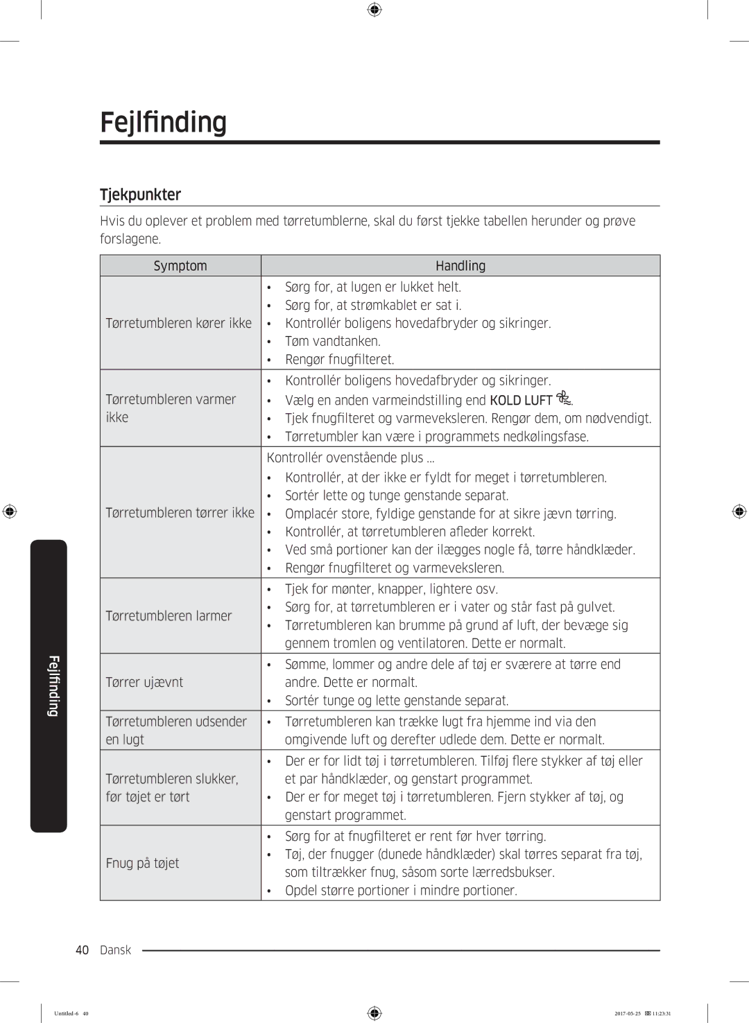 Samsung DV90M8204AW/EE manual Fejlfinding, Tjekpunkter 