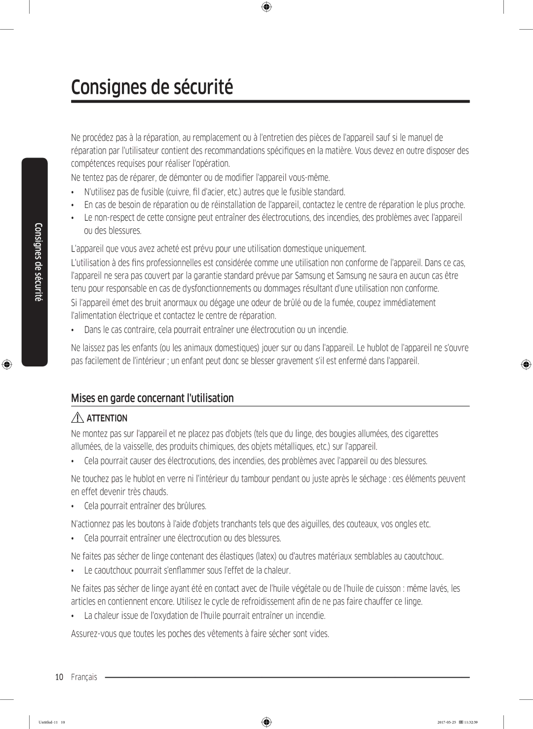 Samsung DV90M8204AW/EF manual Mises en garde concernant lutilisation 