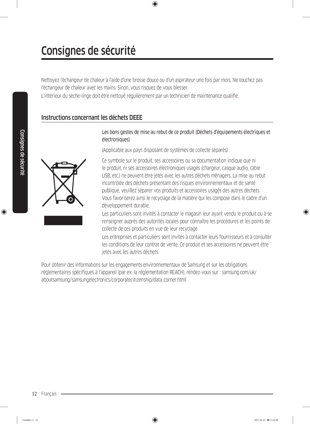 Samsung DV90M8204AW/EF manual Instructions concernant les déchets Deee 