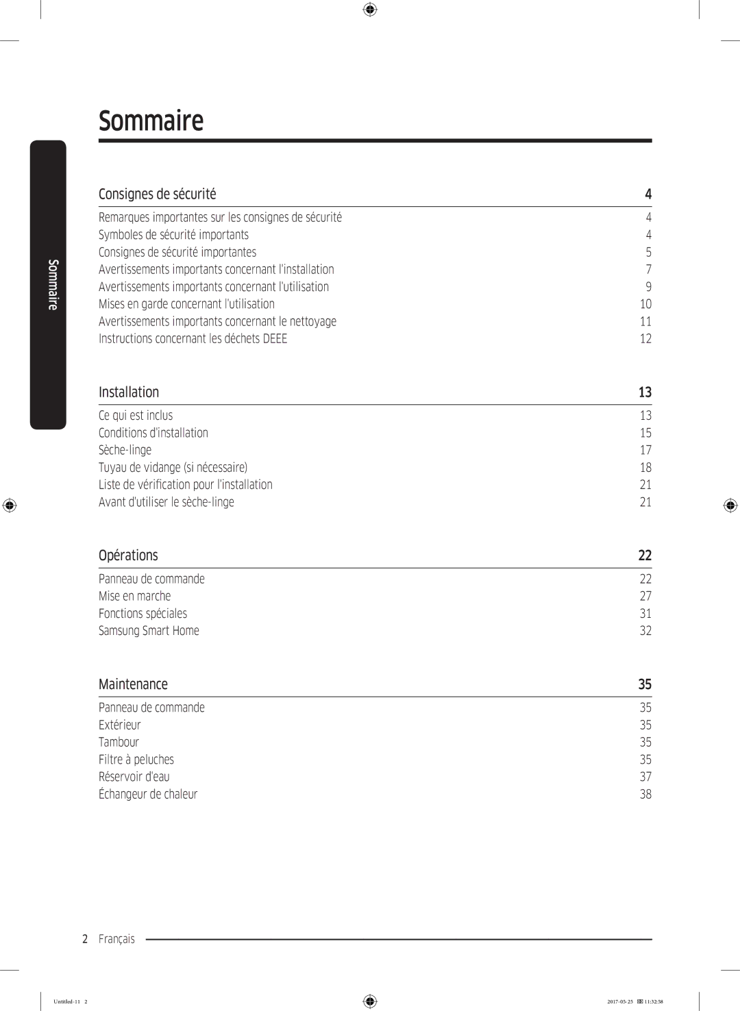 Samsung DV90M8204AW/EF manual Sommaire, Consignes de sécurité, Installation, Opérations, Maintenance 