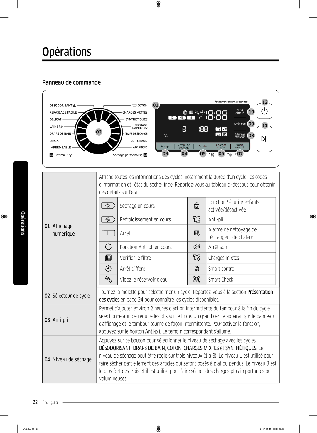 Samsung DV90M8204AW/EF manual Opérations, Panneau de commande, Des cycles en page 24 pour connaître les cycles disponibles 