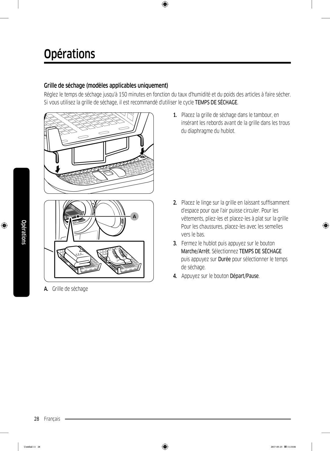 Samsung DV90M8204AW/EF manual Grille de séchage modèles applicables uniquement 