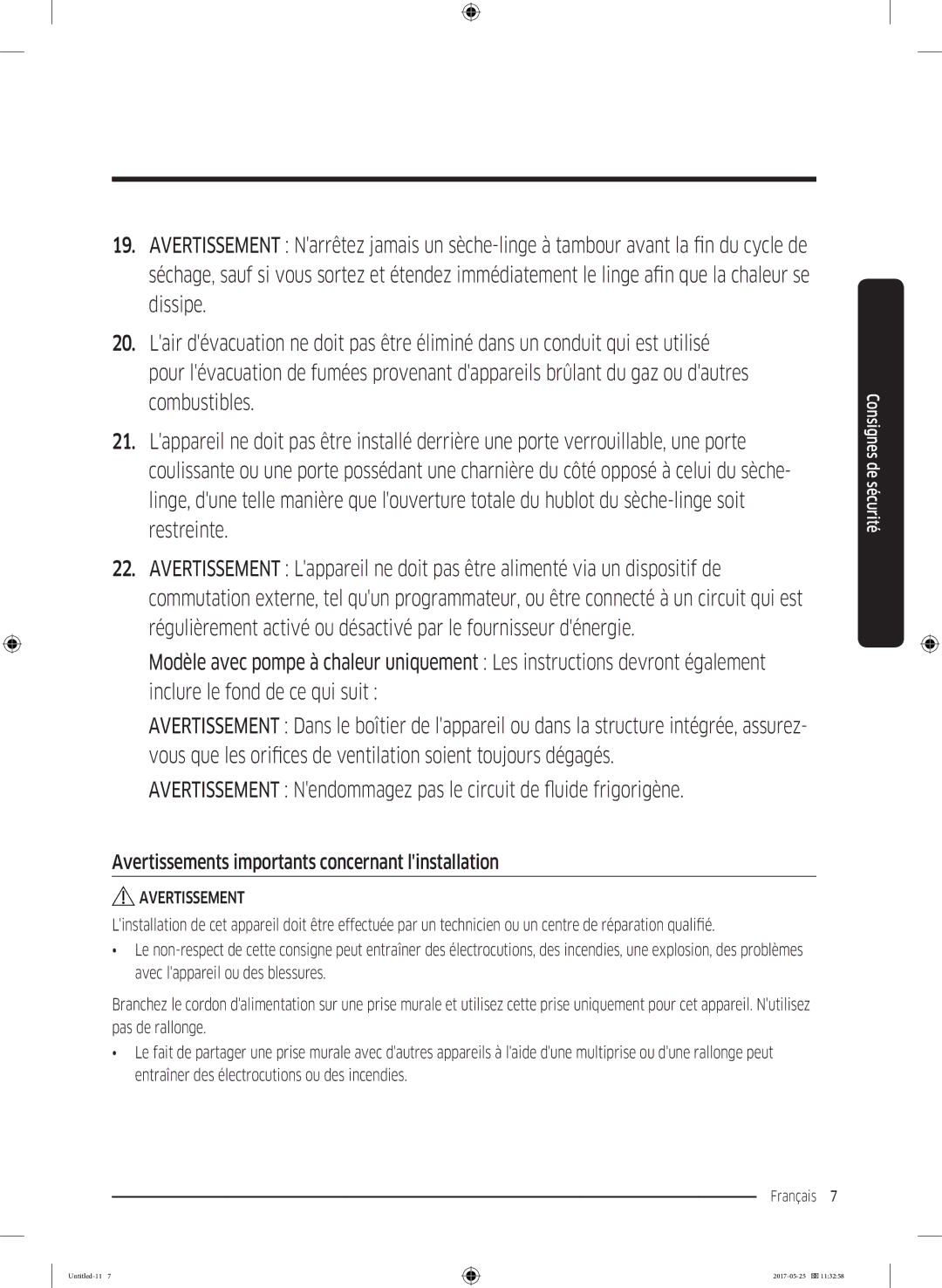 Samsung DV90M8204AW/EF manual Avertissements importants concernant linstallation 