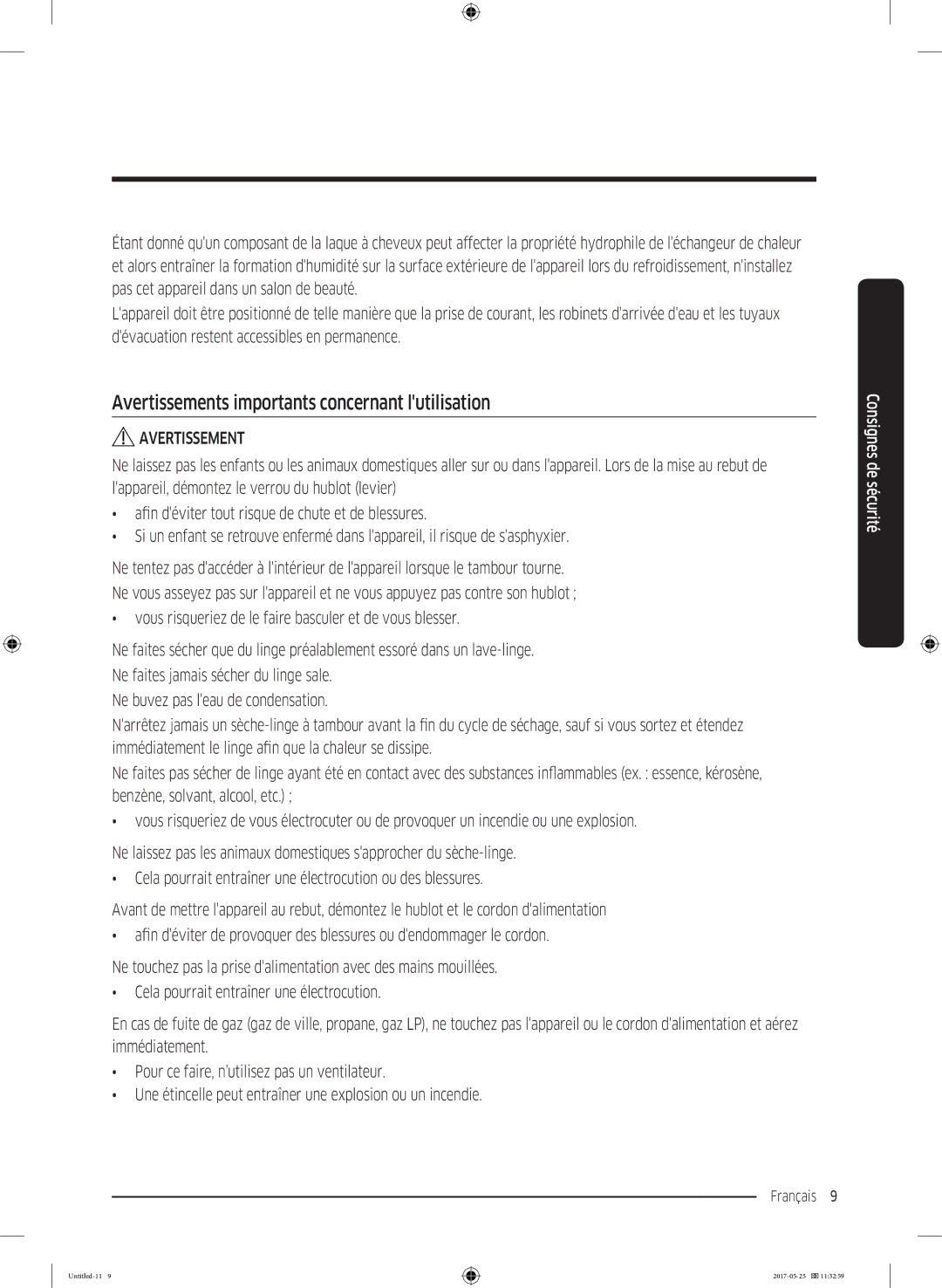 Samsung DV90M8204AW/EF manual Avertissements importants concernant lutilisation 