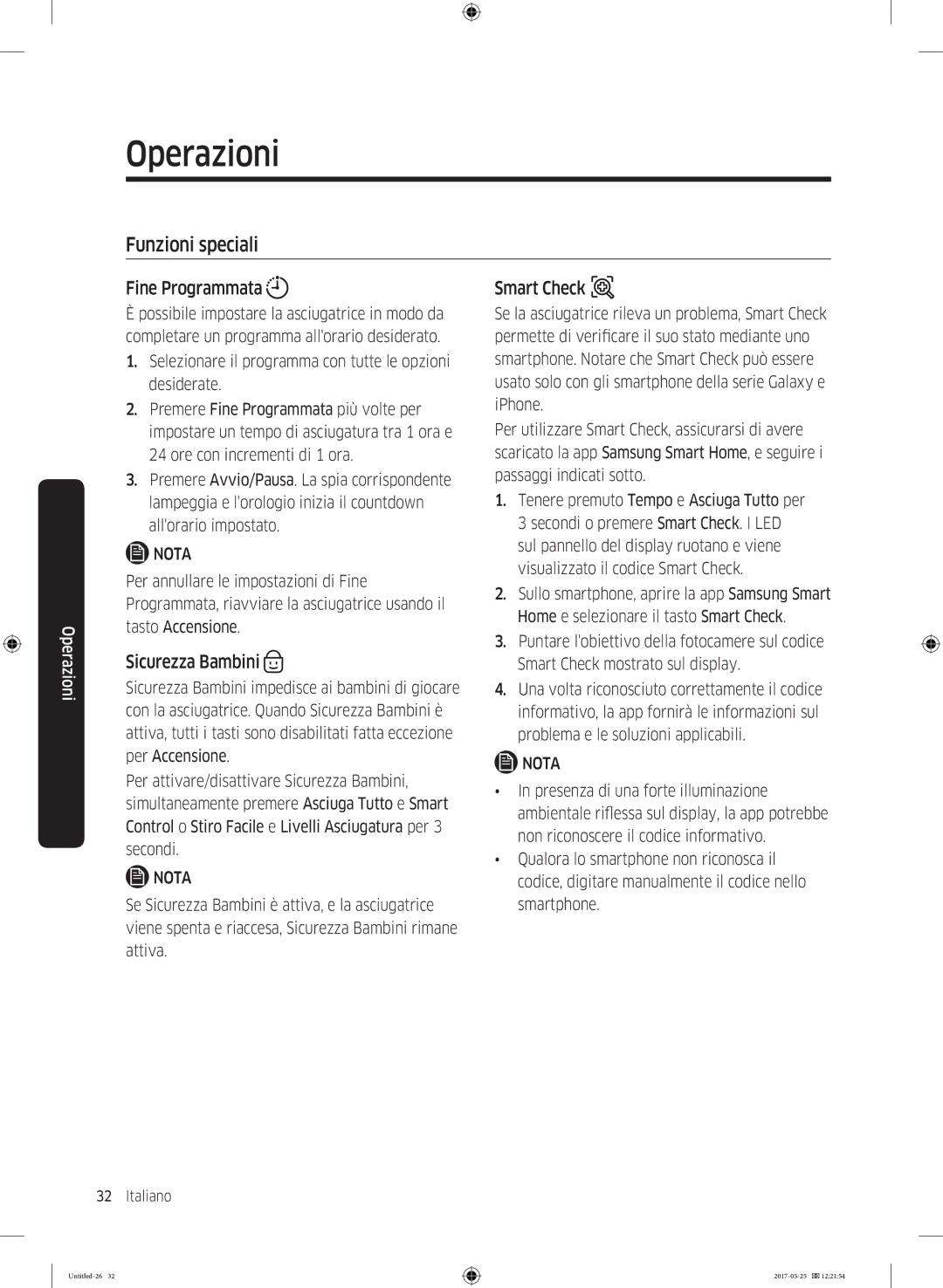 Samsung DV90M8204AW/ET manual Funzioni speciali, Fine Programmata, Sicurezza Bambini, Smart Check 