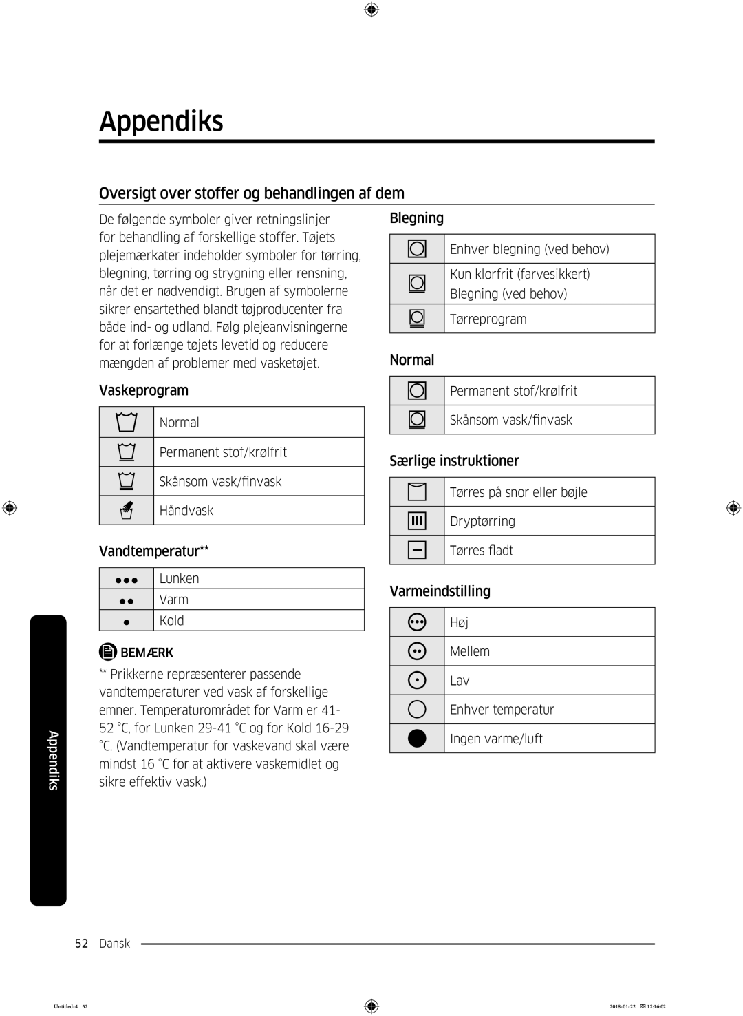 Samsung DV90N62632W/EE manual Appendiks, Oversigt over stoffer og behandlingen af dem 